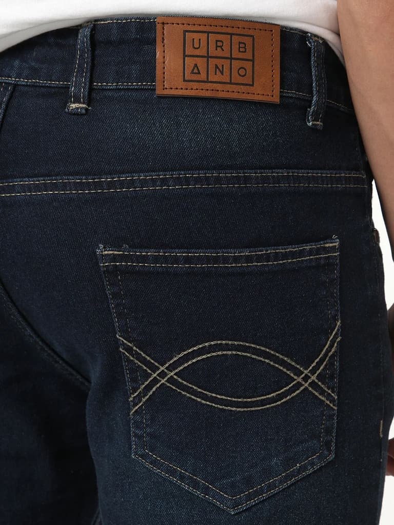 Men's Dark Blue Bootcut Fit Mid Rise Heavy Washed Jeans Stretchable — photo 6