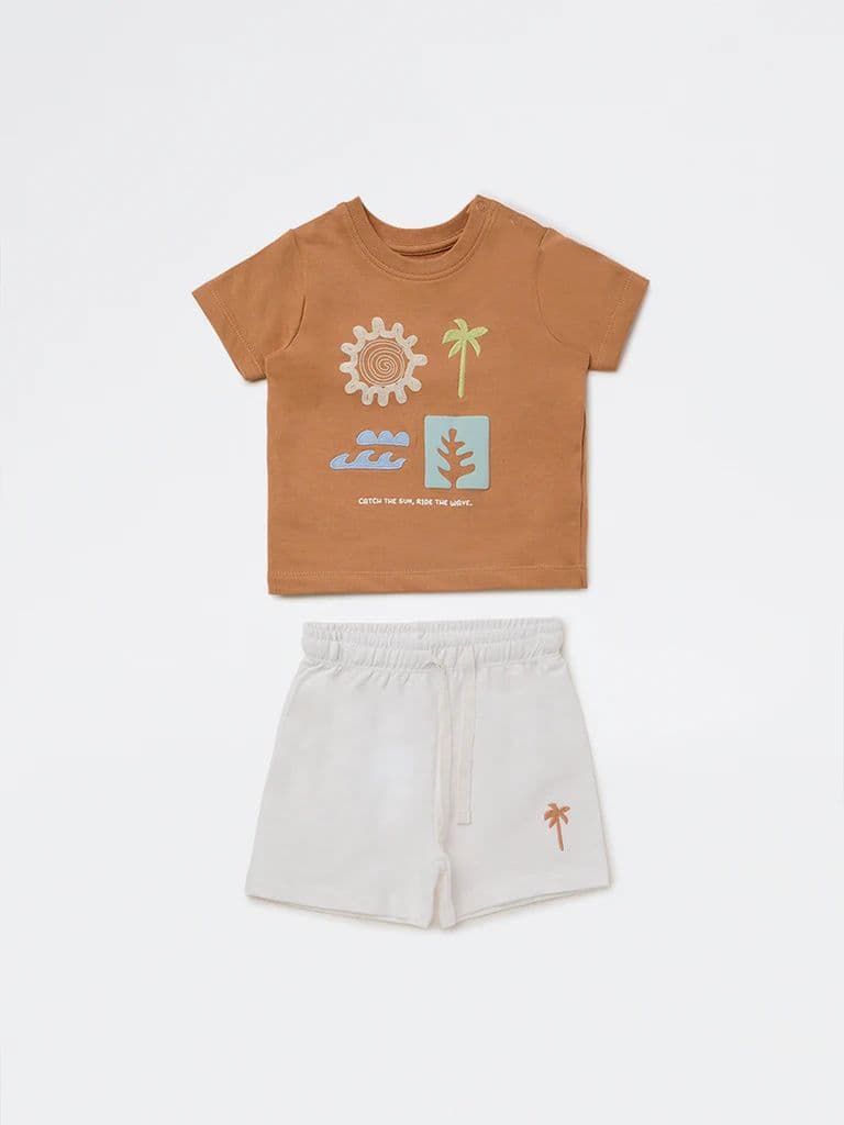 HOP Baby Boys Brown Graphic Cotton T-Shirt and Shorts Set — photo 2