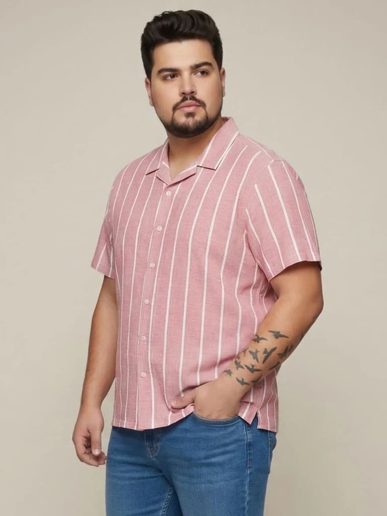 Plus Men's Pink Cotton Half Sleeve Relaxed Fit Linen Striped Shirt with Cuban Collar — photo 2