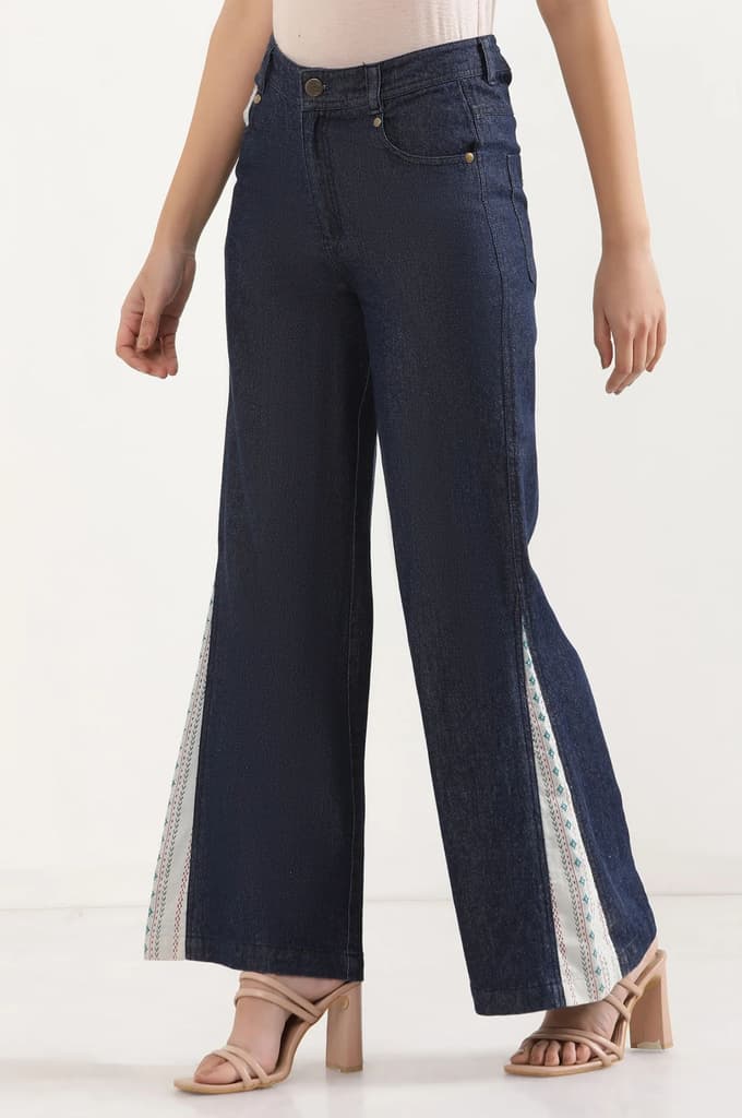 Blue Solid Flared Denim Palazzo With Printed Side Inserts — photo 3