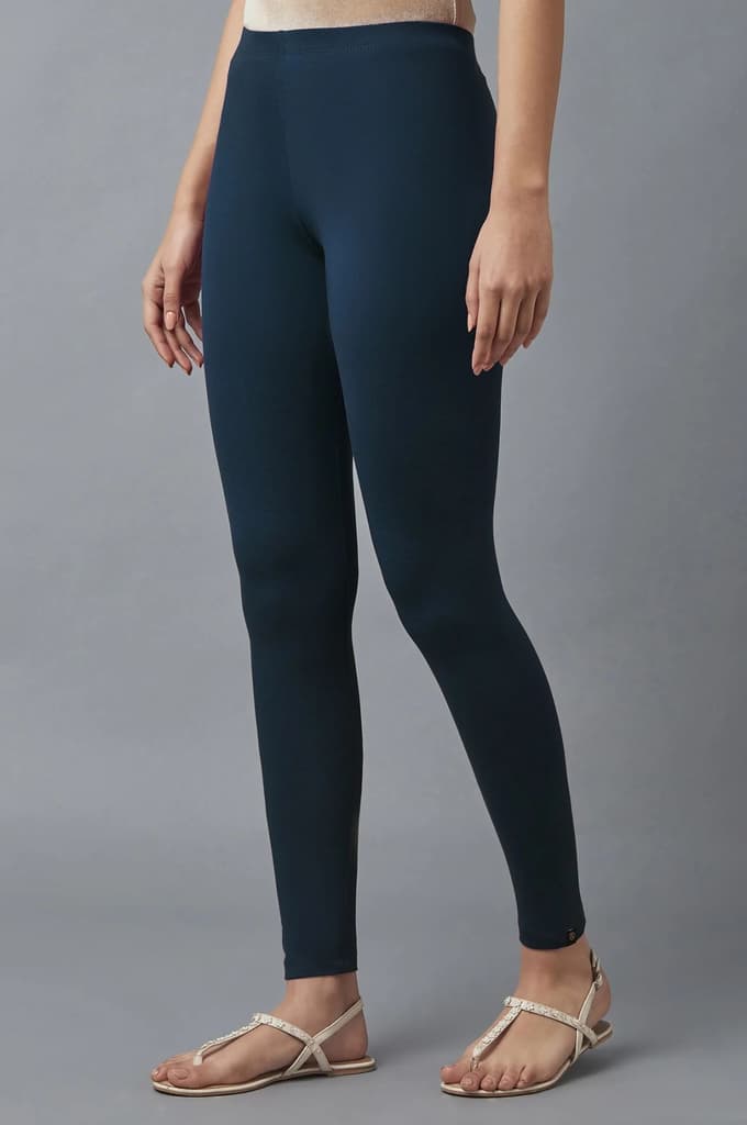 Navy Blue Solid Skinny Fit Cotton Tights With Elasticated Waist — photo 3