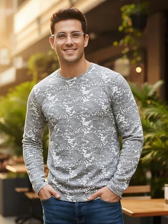 Men's White Grey Printed Full Sleeve Slim Fit Cotton T-Shirt — S / White Grey