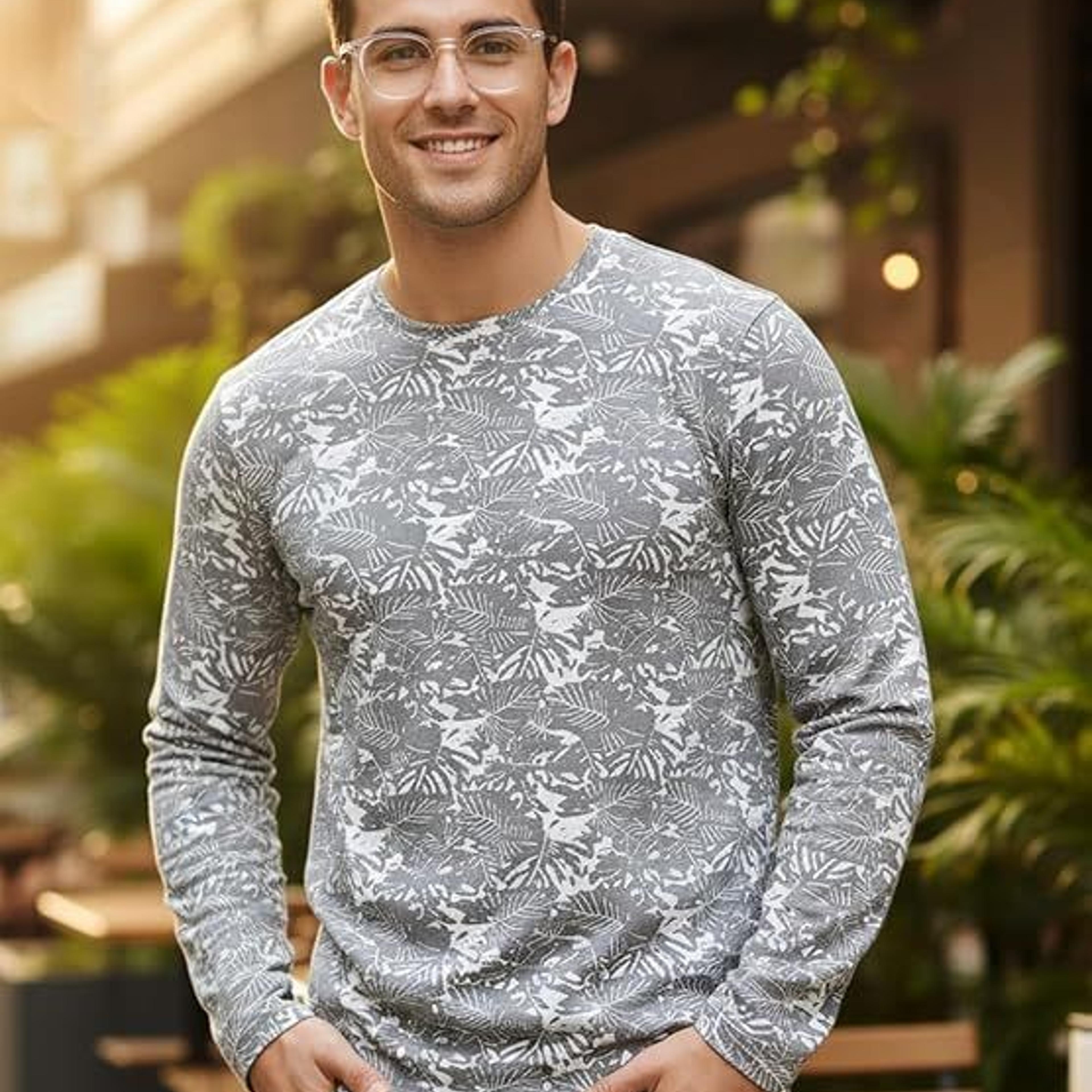 Men's White Grey Printed Full Sleeve Slim Fit Cotton T-Shirt
