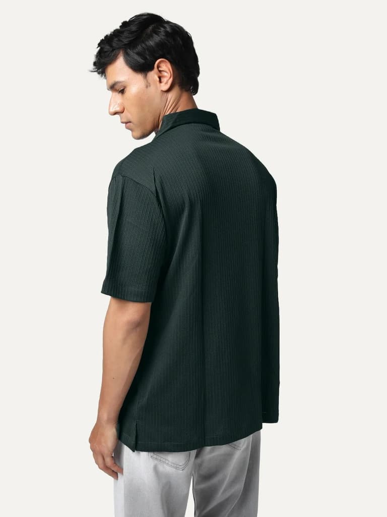 Men's Dark Green Cotton Half Sleeve Oversized Fit Textured Shirt with Cuban Collar — photo 3