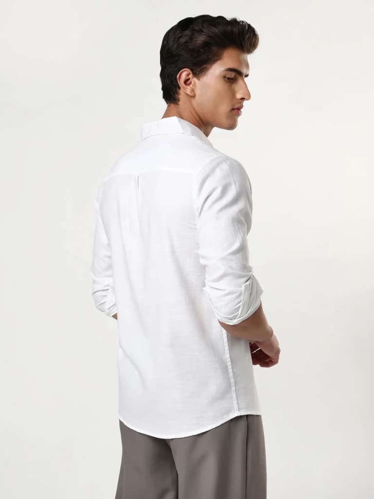Men's White Linen Blend Full Sleeve Relaxed Fit Casual Solid Shirt — photo 3