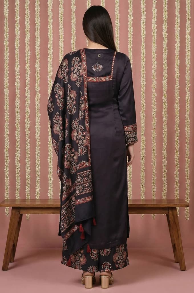 Black Floral Printed Satin Straight Kurta with Parallel Pant and Dupatta Set — photo 4