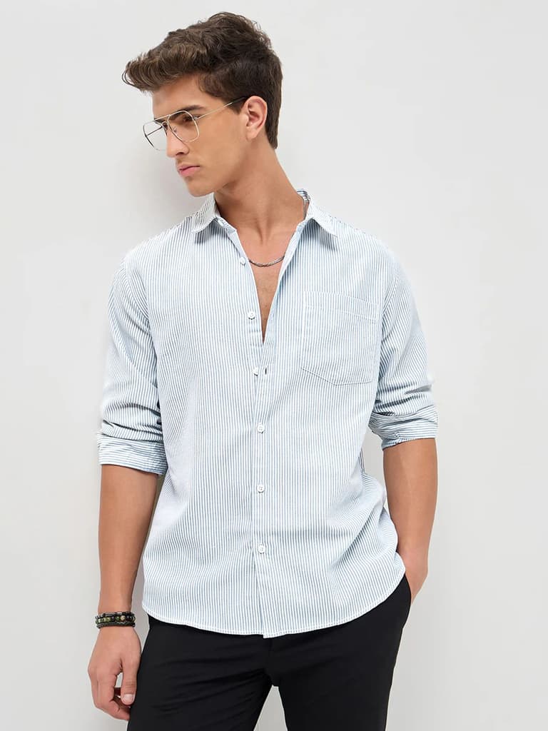 Men's Light Blue Cotton Full Sleeve Regular Fit Casual Striped Shirt — photo 2