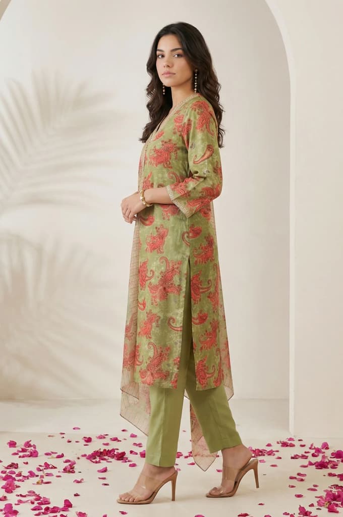Olive Sequins Paisley Printed Straight Satin Kurta with Straight Pants and Dupatta Set — photo 4