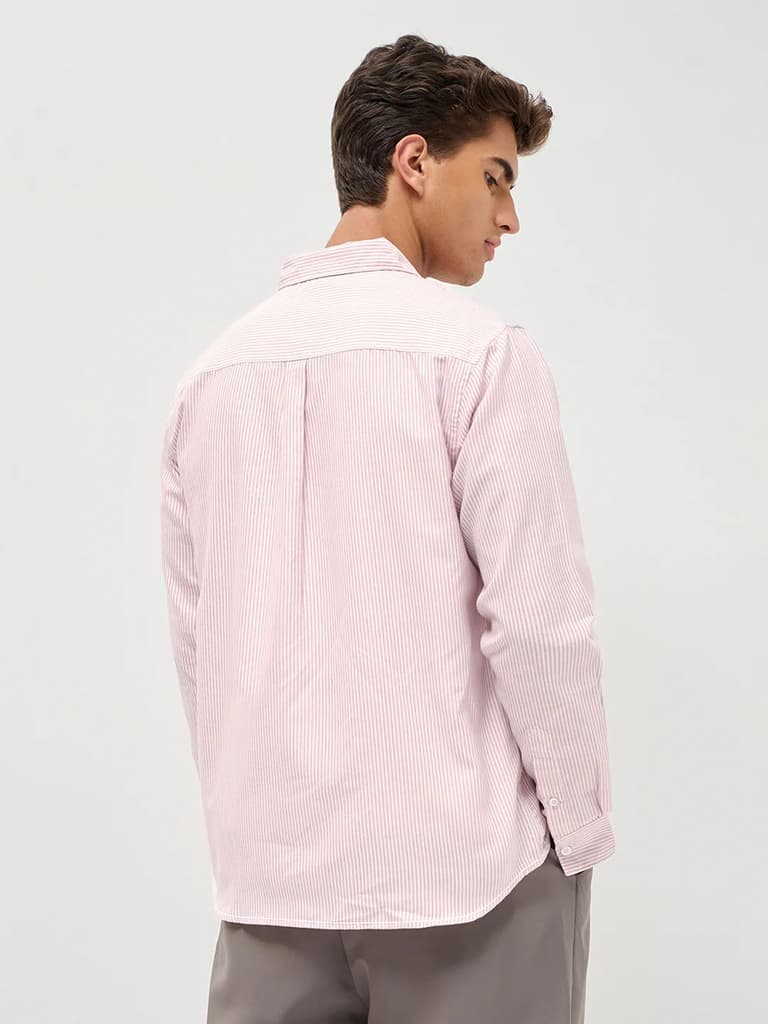 Men's Light Pink Cotton Full Sleeve Regular Fit Casual Striped Shirt — photo 4
