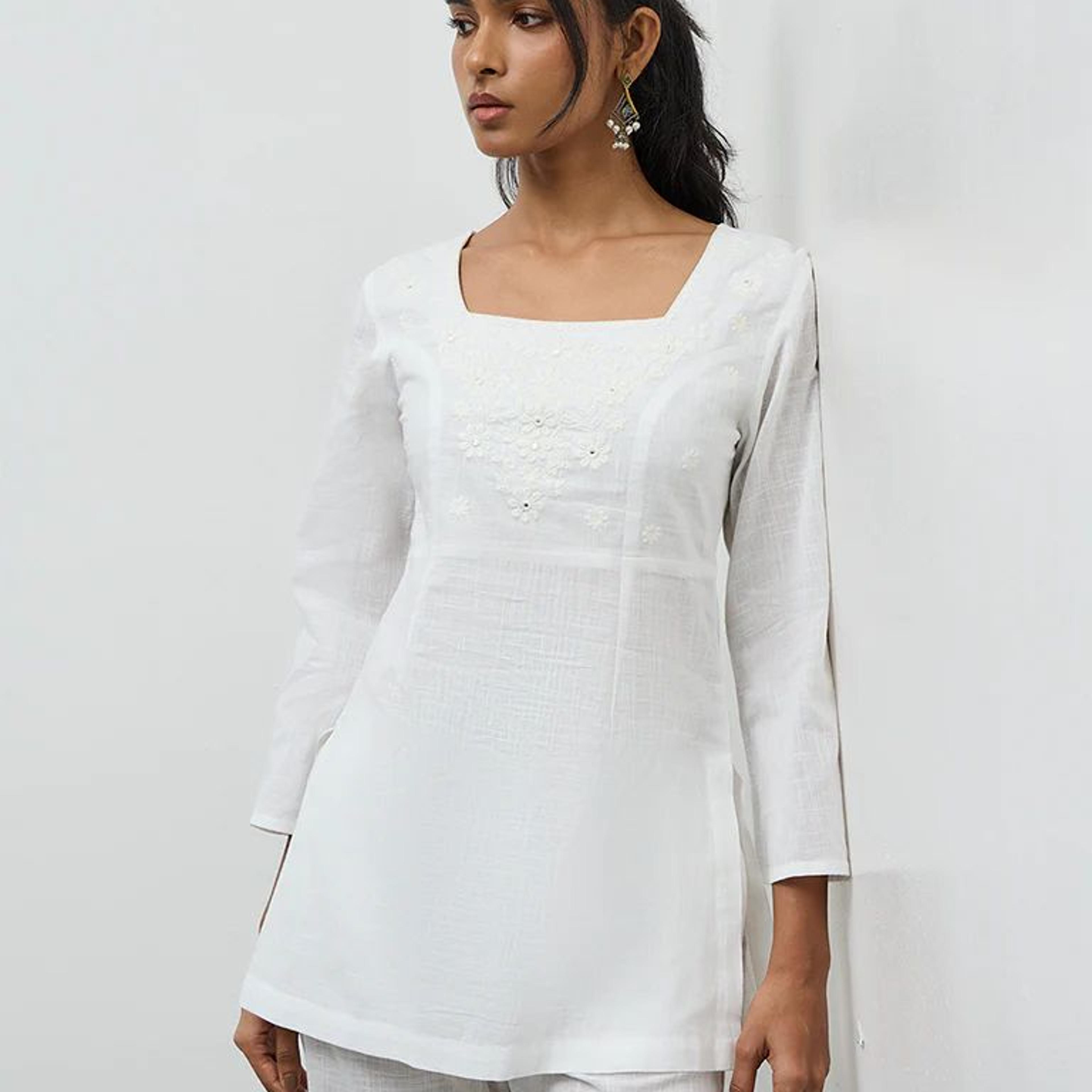 Utsa White Floral Embroidered Cotton Kurti