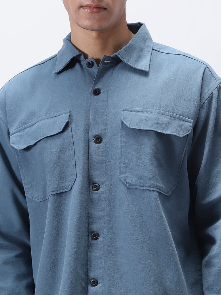 Men's Blue Cotton Full Sleeve Relaxed Fit Shacket with Utility Pockets — photo 6