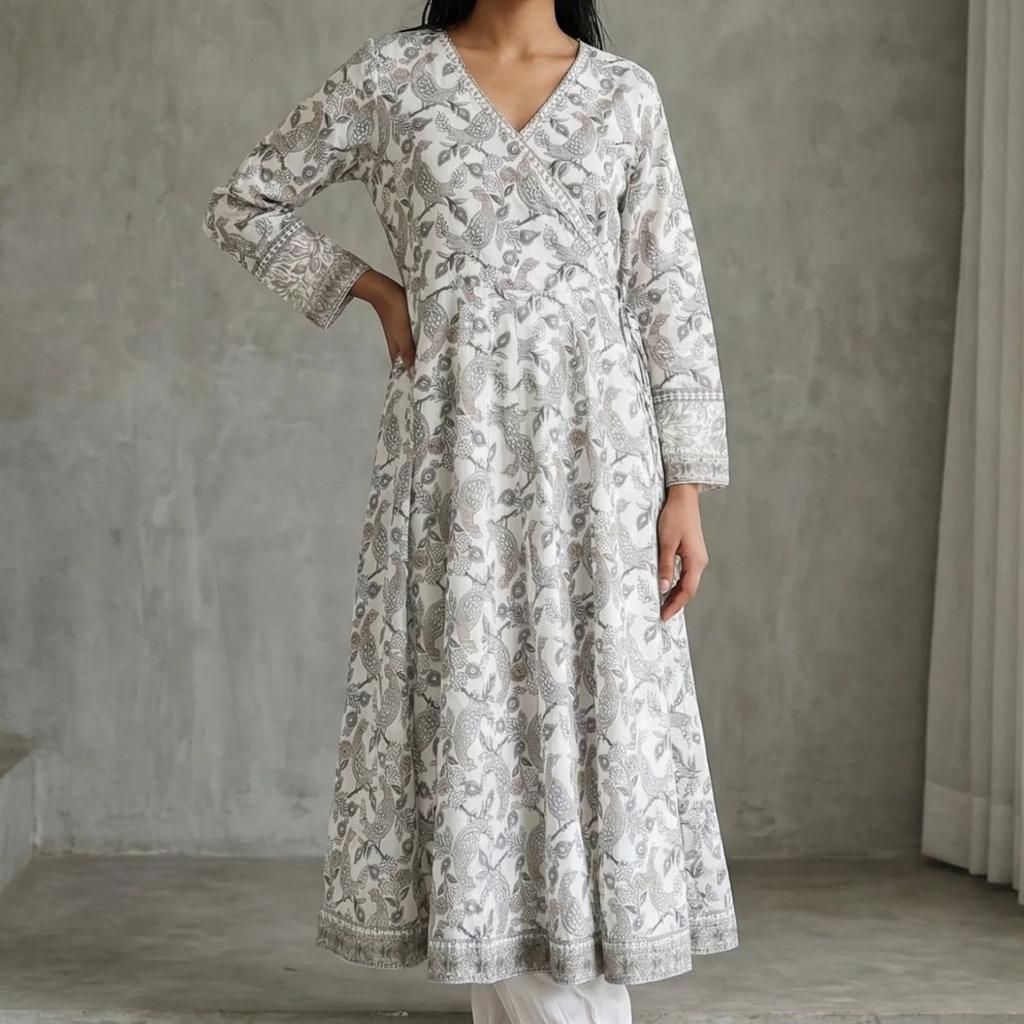 Off White Block Printed Pure Cotton Angrakha Kurta