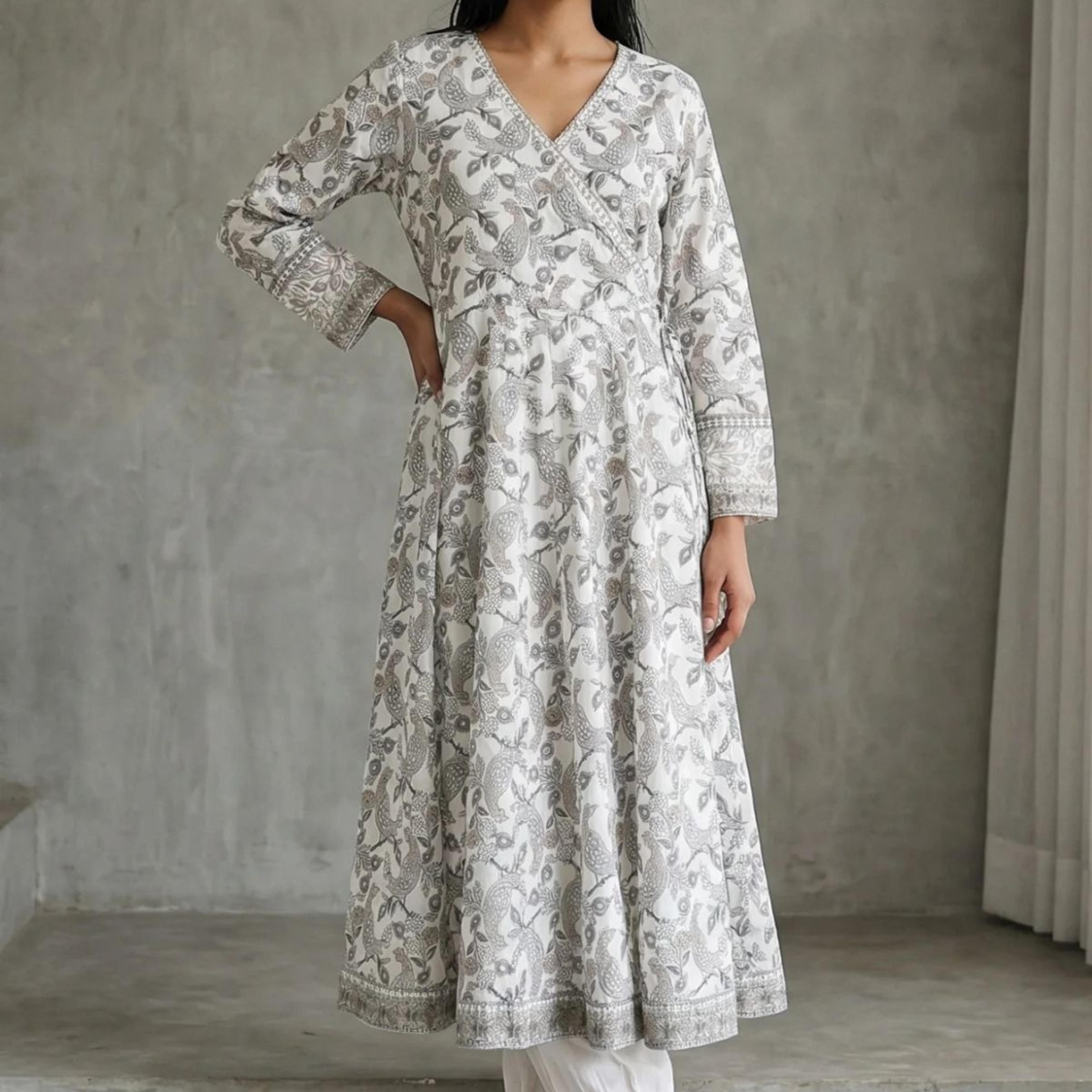 Off White Block Printed Pure Cotton Angrakha Kurta
