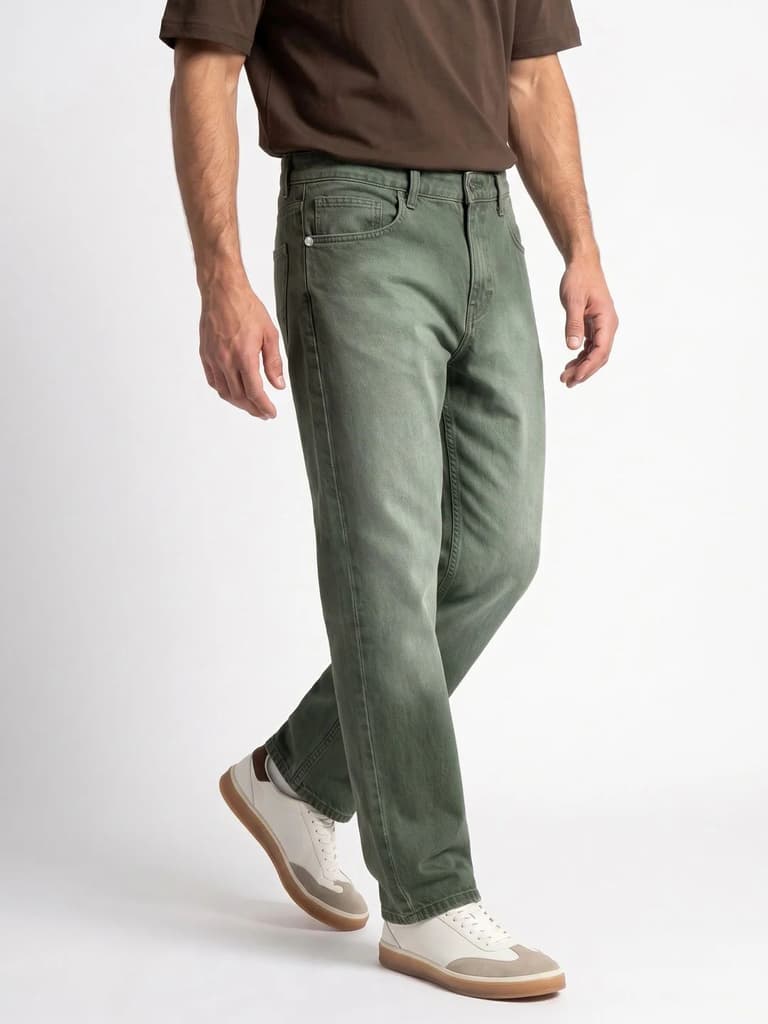 Men's Olive Relaxed Fit Washed Denim Jeans Non-Stretchable — photo 2