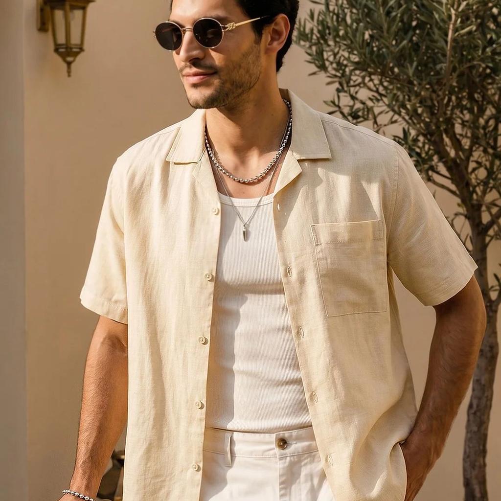 Men's Tender Yellow Linen Half Sleeve Oversized Fit Shirt with Cuban Collar