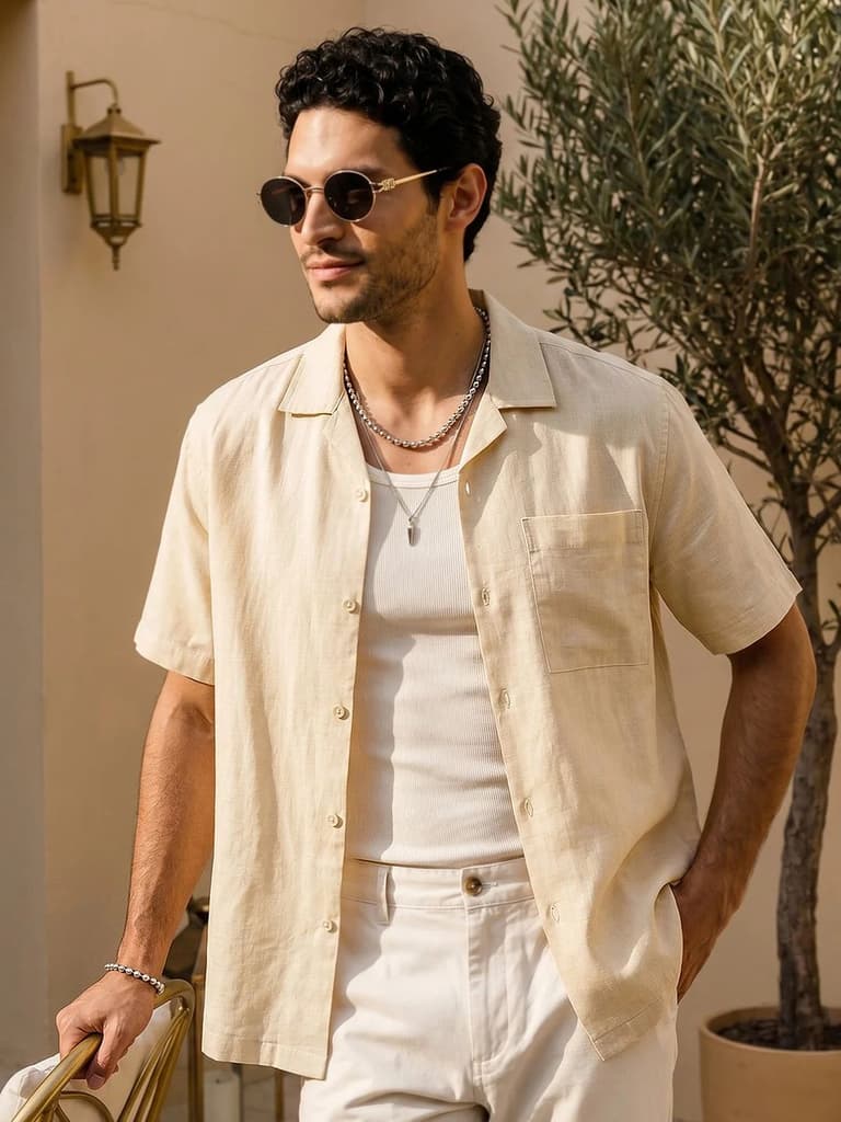 Men's Tender Yellow Linen Half Sleeve Oversized Fit Shirt with Cuban Collar — S / Tender Yellow