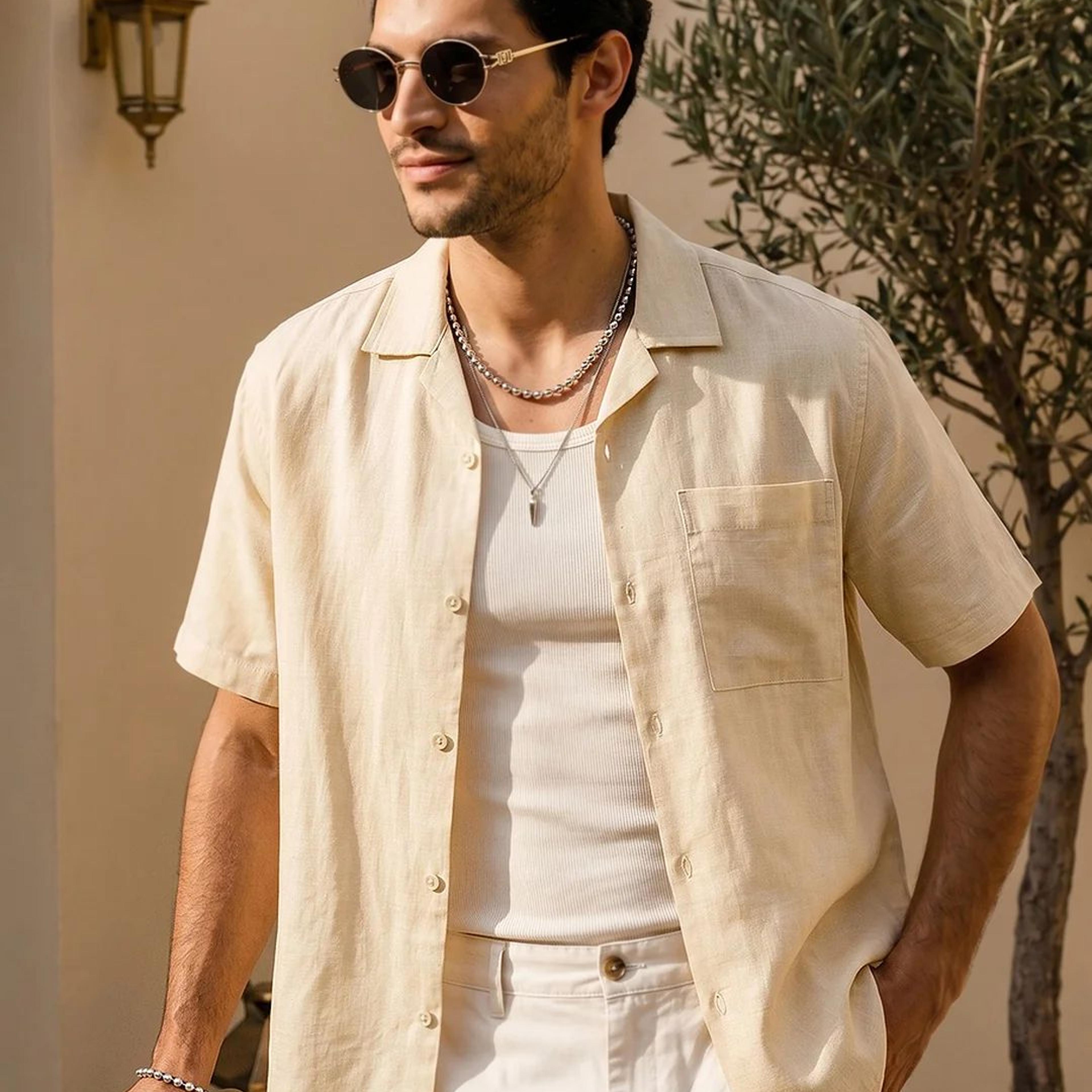 Men's Tender Yellow Linen Half Sleeve Oversized Fit Shirt with Cuban Collar