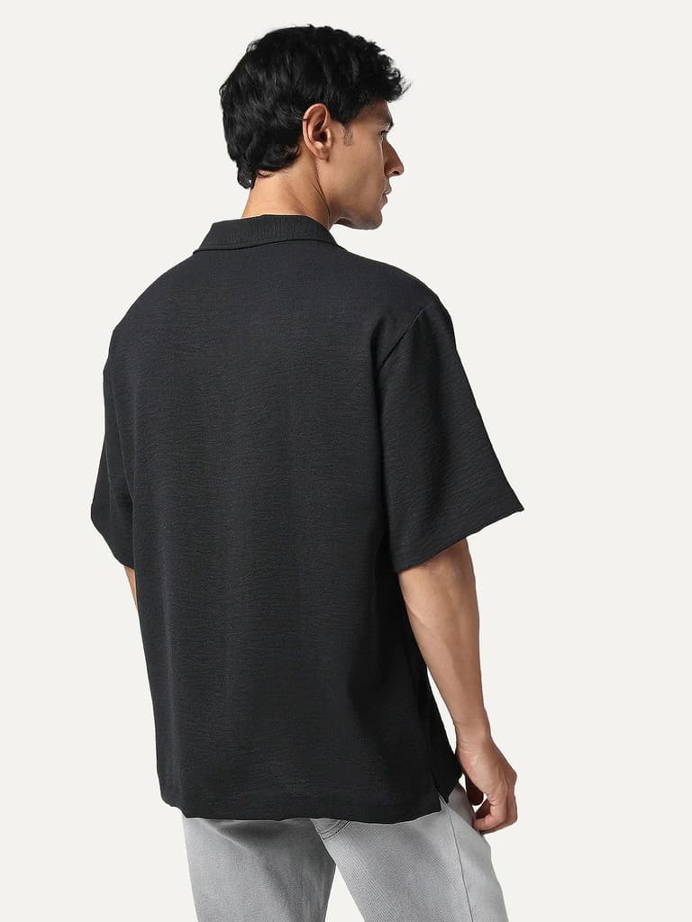 Men's Black Cotton Half Sleeve Relaxed Fit Textured Shirt with Cuban Collar — photo 3