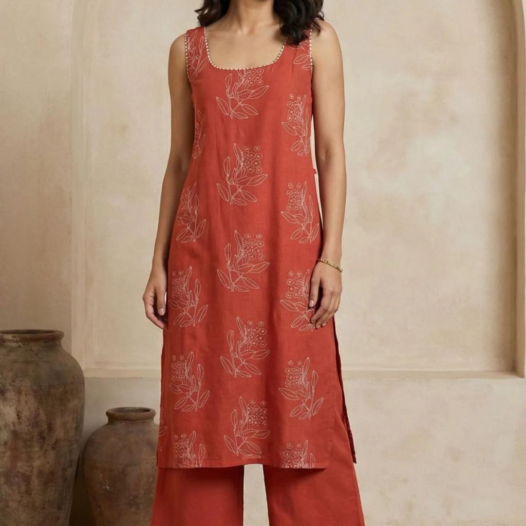 Rust Floral Printed Rayon Blend Straight Kurta with Flared Pants Co-ord Set