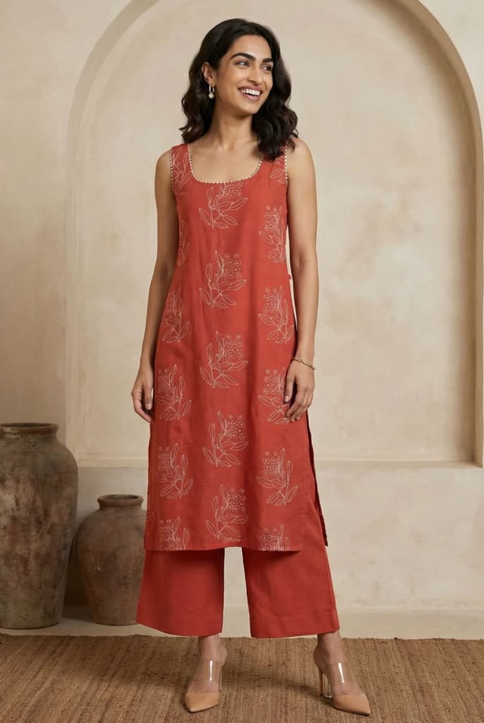 Rust Floral Printed Rayon Blend Straight Kurta with Flared Pants Co-ord Set — XS