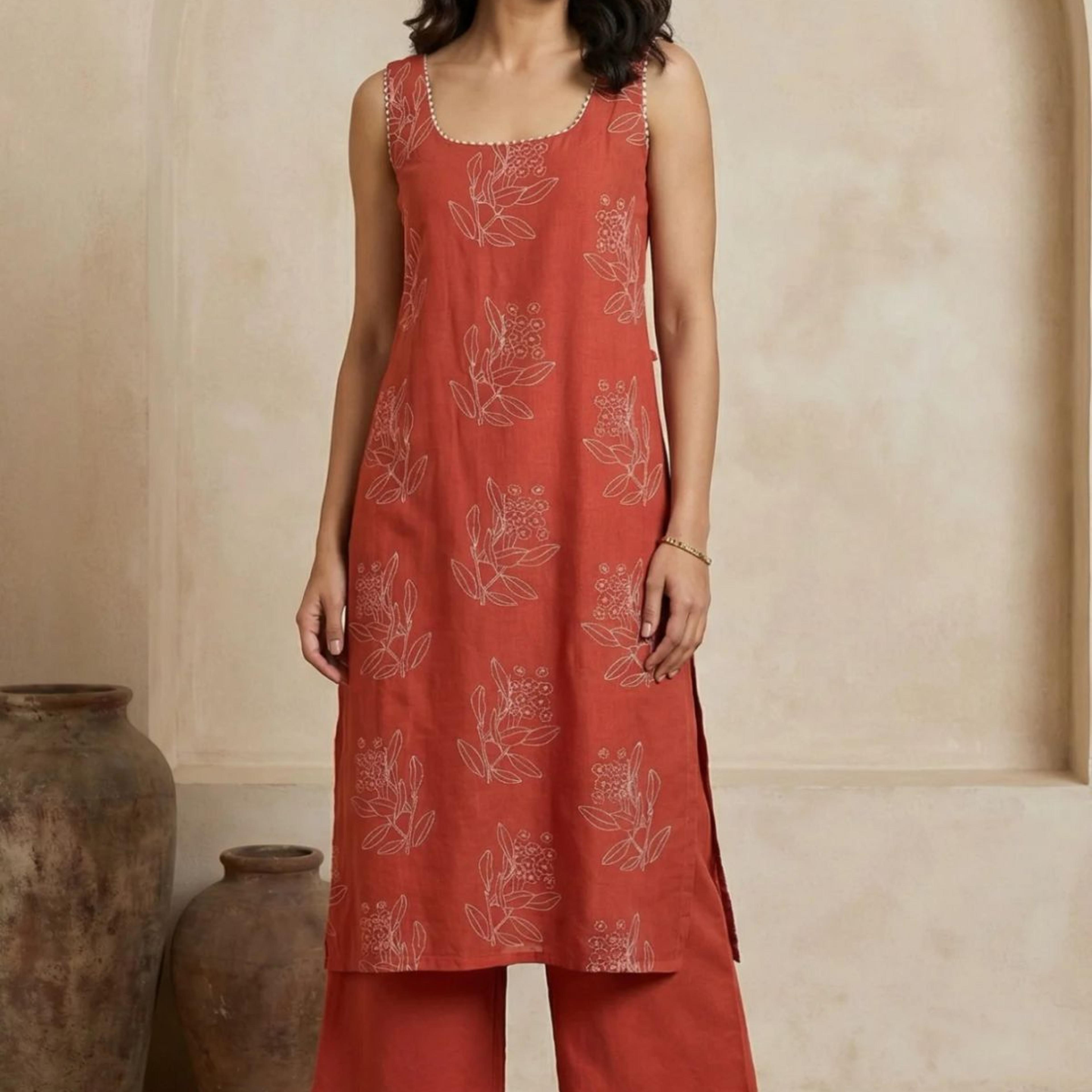 Rust Floral Printed Rayon Blend Straight Kurta with Flared Pants Co-ord Set