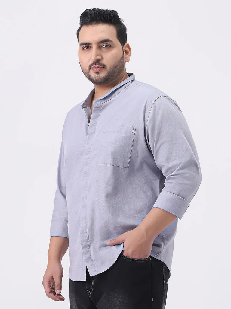Plus Men's Lavender Cotton Full Sleeve Regular Fit Casual Solid Shirt with Band Collar — photo 2
