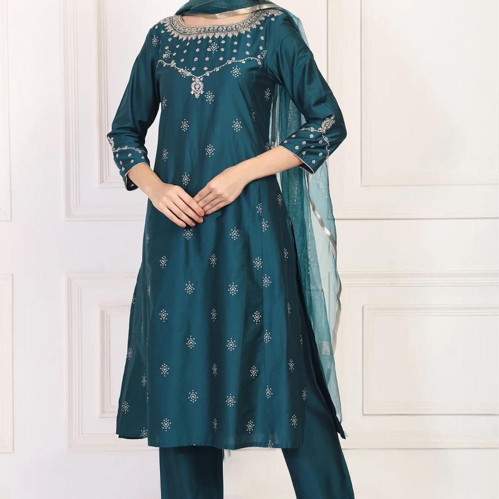 Teal Embroidered Straight Kurta with Straight Pants and Dupatta Set
