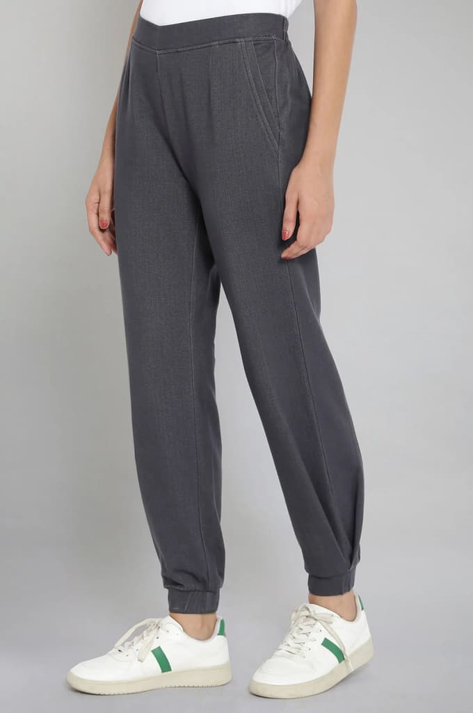 Grey Solid Tapered Cotton Joggers With Elasticated Waist — photo 3
