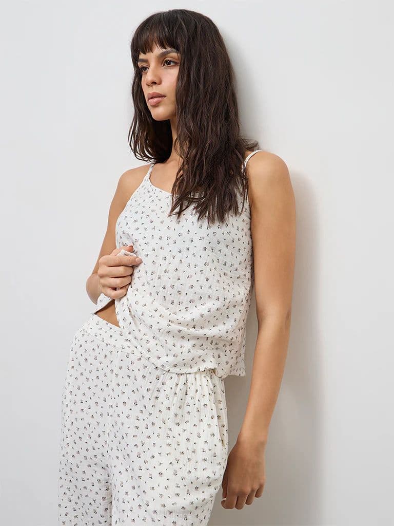 Wunderlove Ivory Floral Printed Cotton Camisole and Pant Set — photo 2
