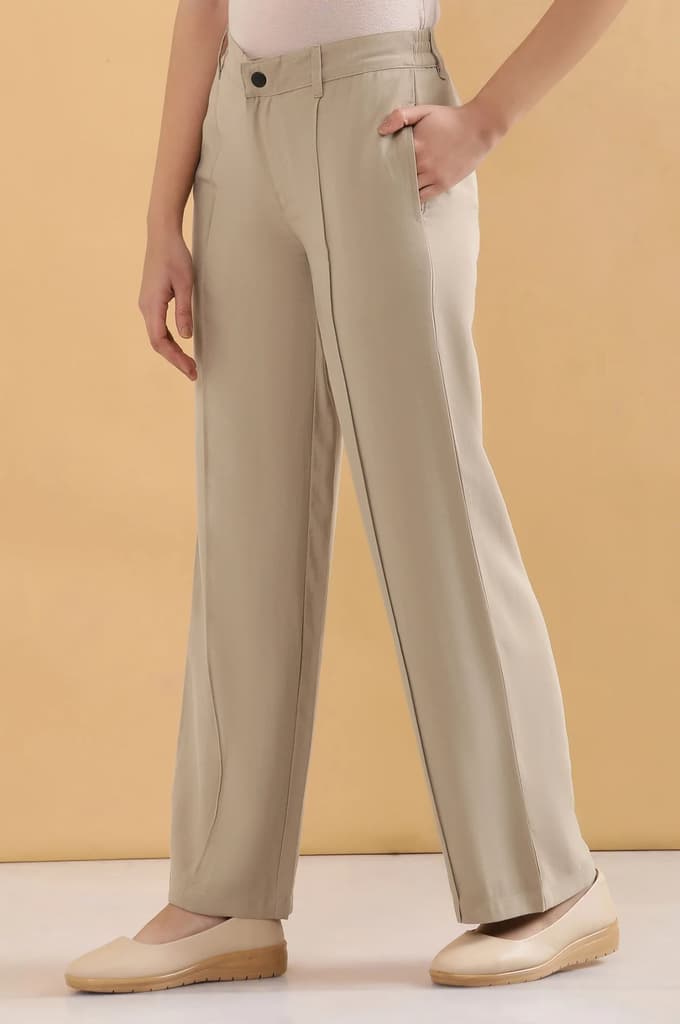 Beige Solid Straight Fit Woven Pants With Pintuck Detail — photo 3