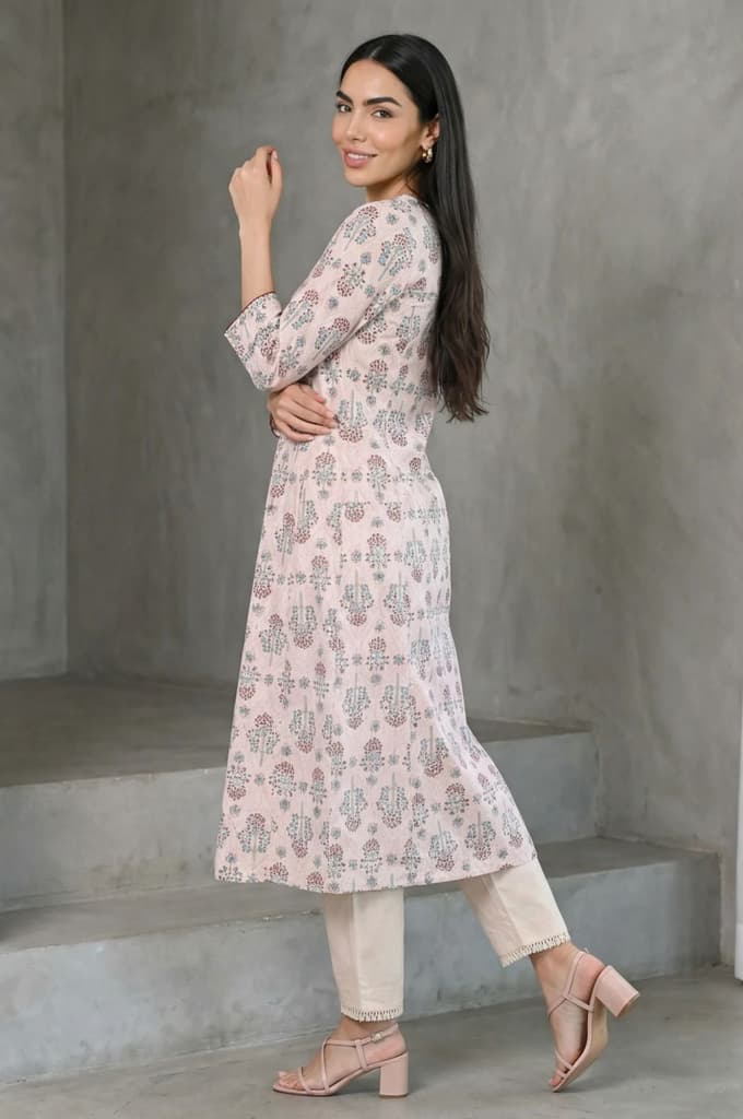 Light Pink Floral Printed Sequins Pure Cotton A-line Kurta — photo 4