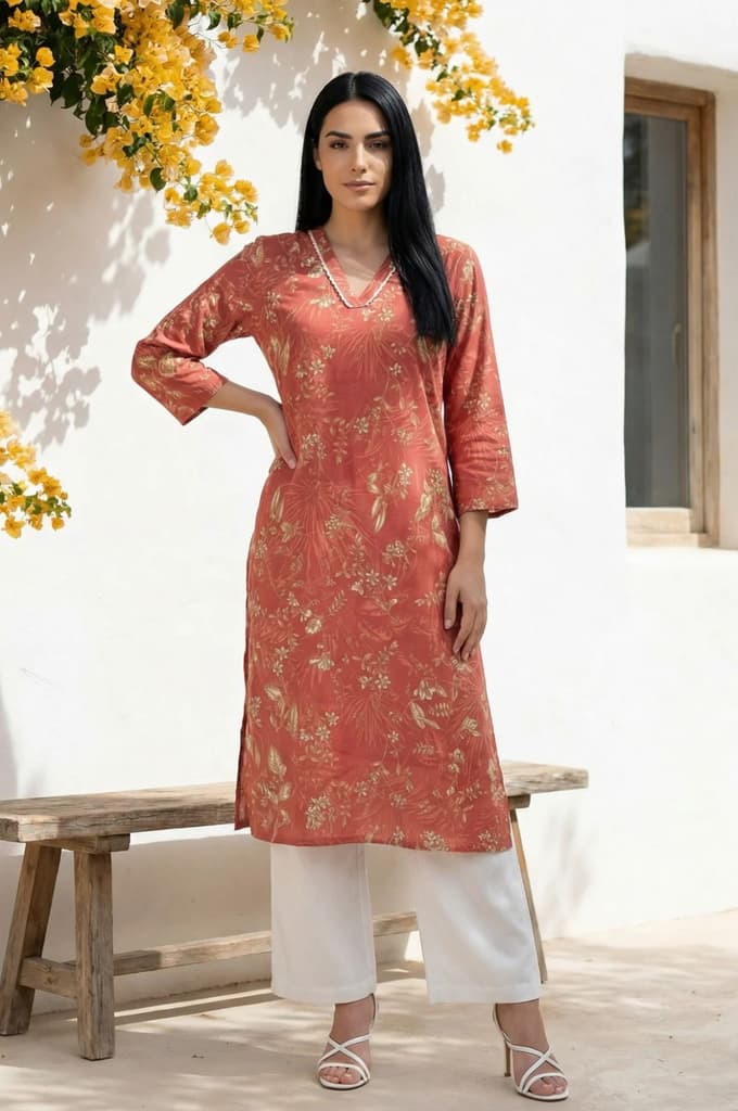 Rust Floral Printed Piping Detail Modal Straight Kurta — XS