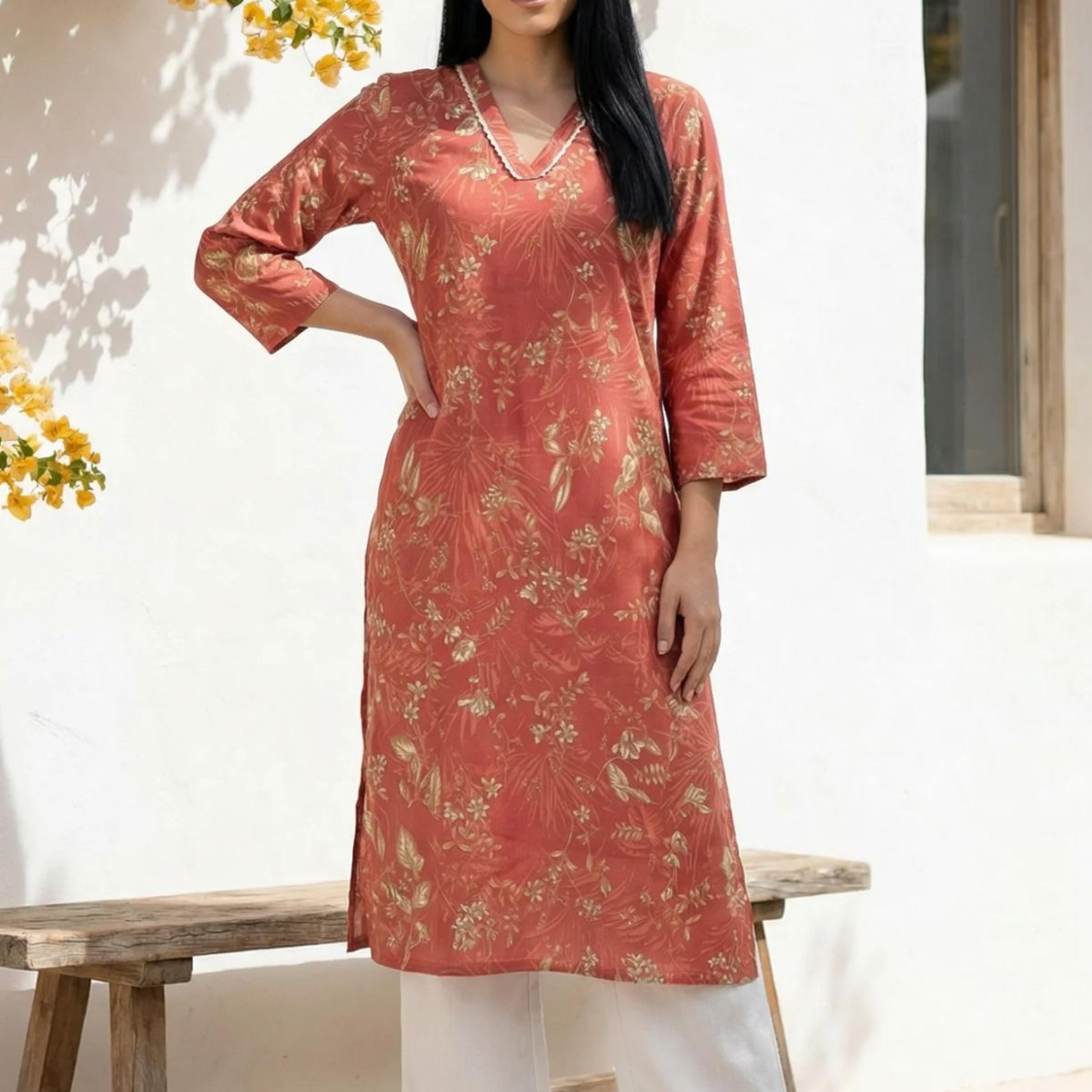 Rust Floral Printed Piping Detail Modal Straight Kurta