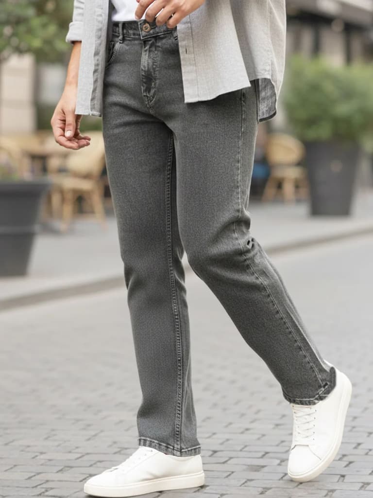 Men's Grey Regular Fit Towel Washed Yellow Tint Denim Jeans Stretchable — photo 2