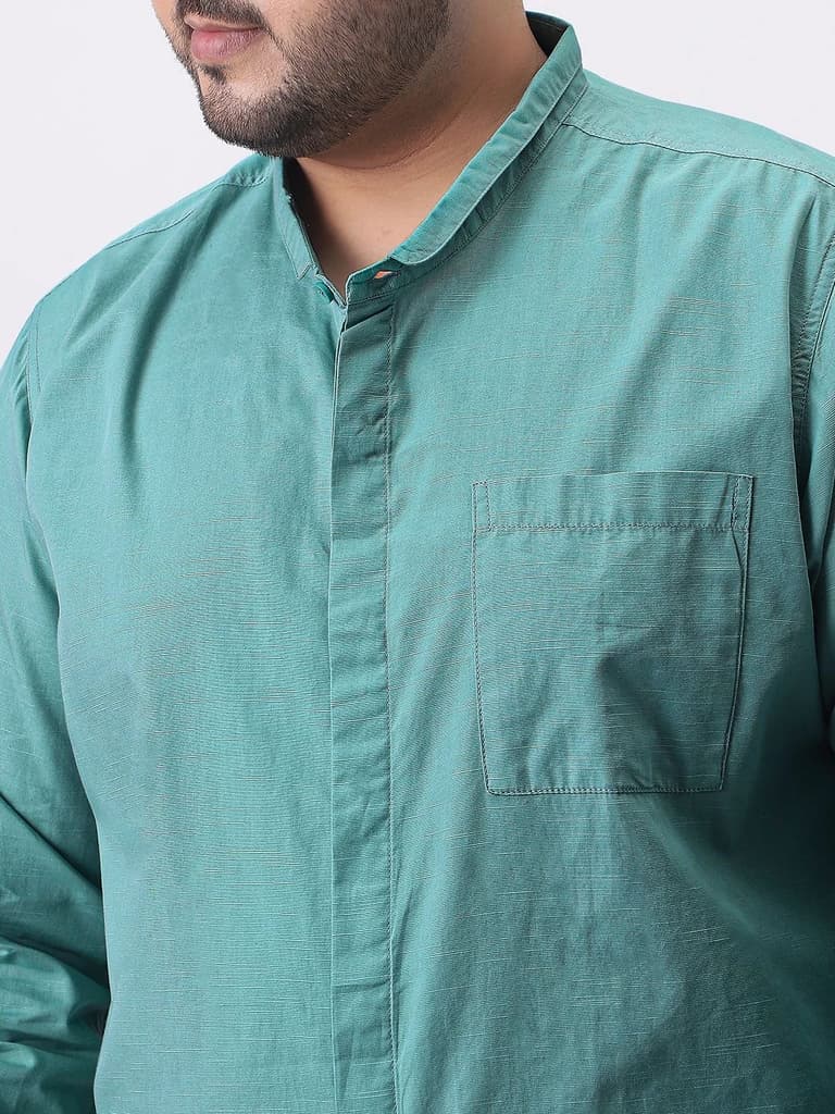 Plus Men's Light Teal Cotton Full Sleeve Regular Fit Casual Solid Shirt with Band Collar — photo 5