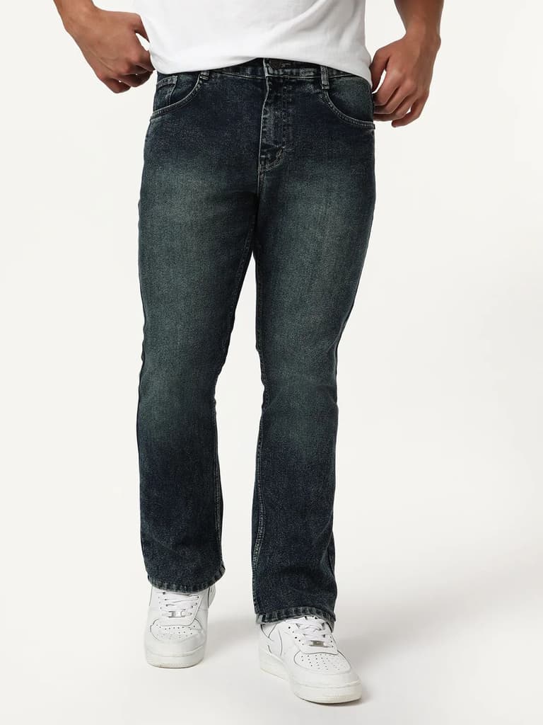 Men's Dark Blue Bootcut Fit Mid Rise Tinted Heavy Washed Jeans Stretchable — 28 / Dark Blue