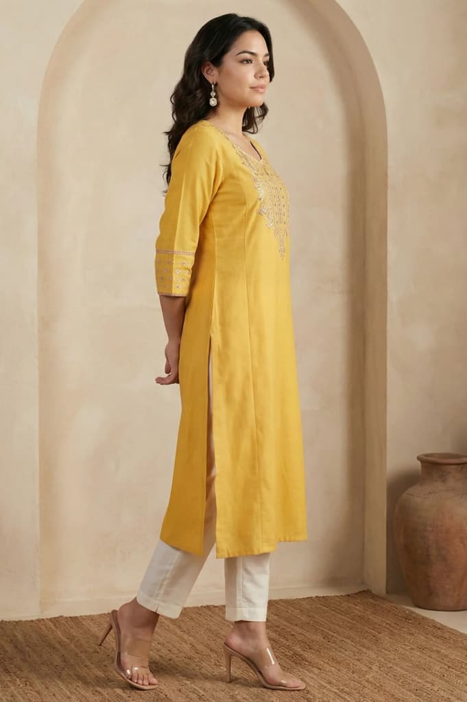 Yellow Embroidered A-Line Rayon Kurta with Straight Pant and Dupatta Set — photo 6