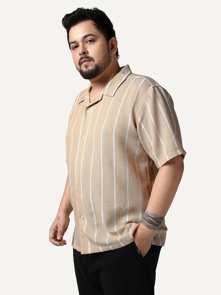 Plus Men's Beige Cotton Half Sleeve Relaxed Fit Linen Striped Shirt with Cuban Collar — photo 2