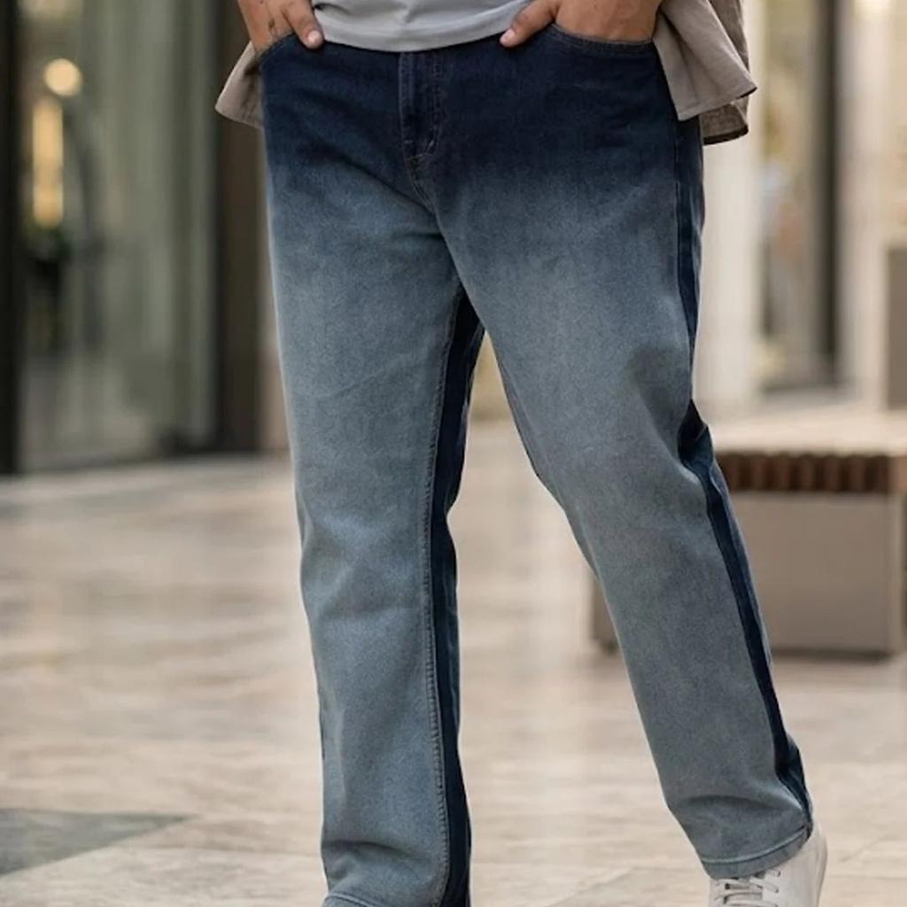 Plus Men's Blue Straight Fit Heavy Washed Faded Denim Jeans Stretchable