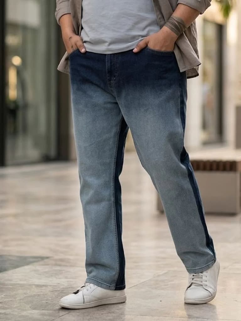 Plus Men's Blue Straight Fit Heavy Washed Faded Denim Jeans Stretchable — 36 / Blue