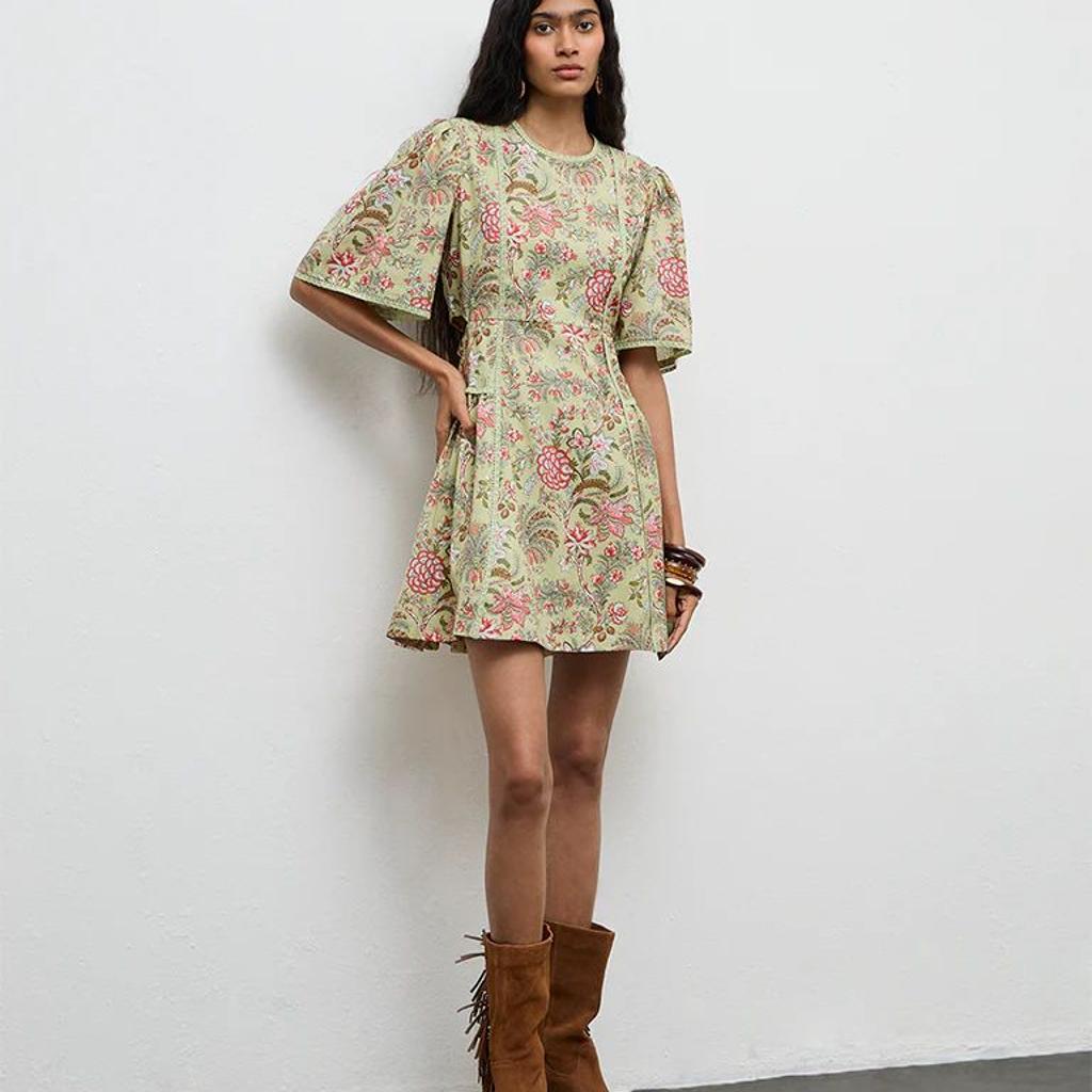 Bombay Paisley Green Floral Printed A-Line Cotton-Blend Dress