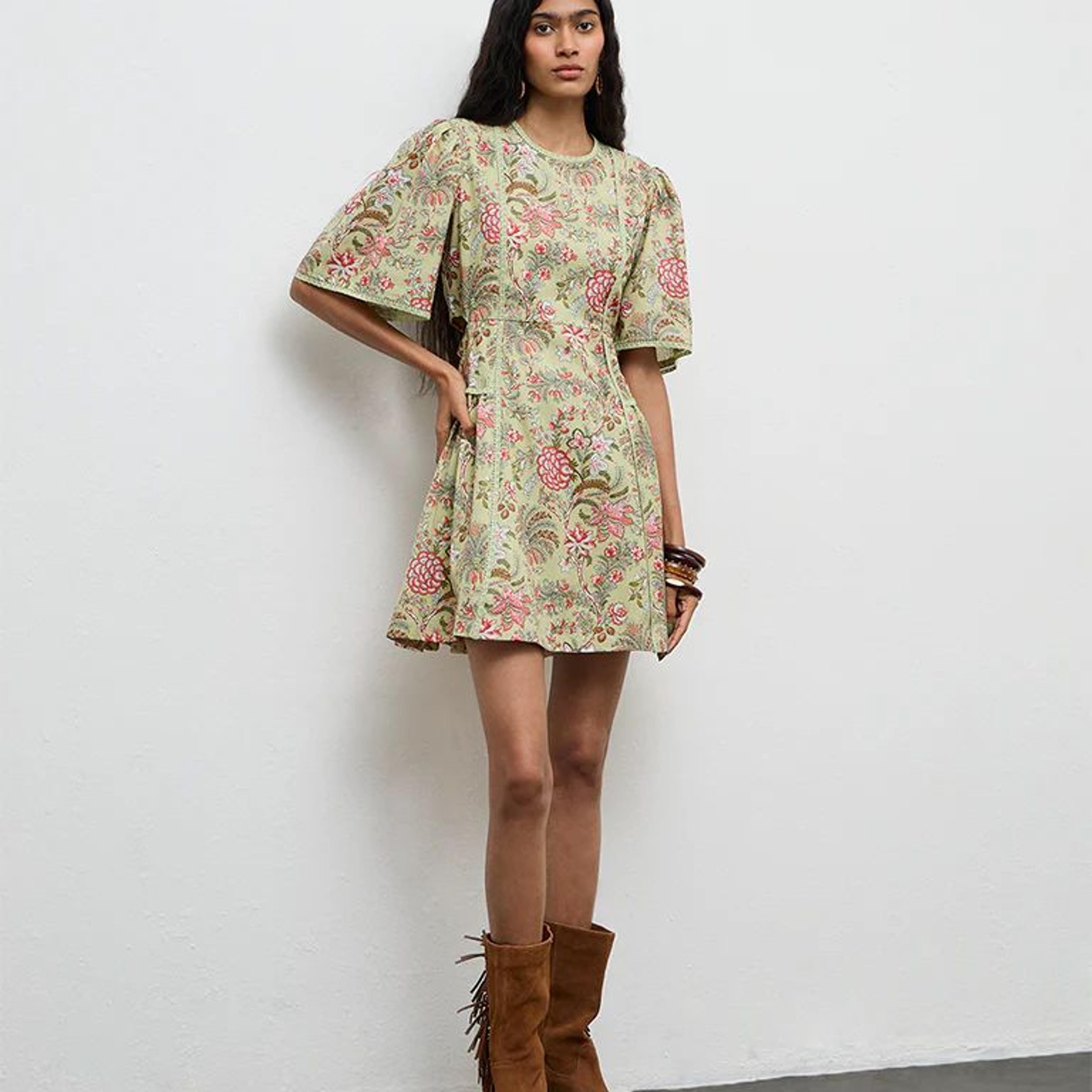 Bombay Paisley Green Floral Printed A-Line Cotton-Blend Dress
