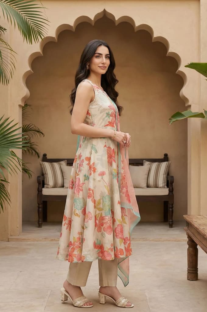 Cream Floral Printed Tissue Crepe Sleeveless Anarkali Kurta with Straight Pants and Dupatta Set — photo 5