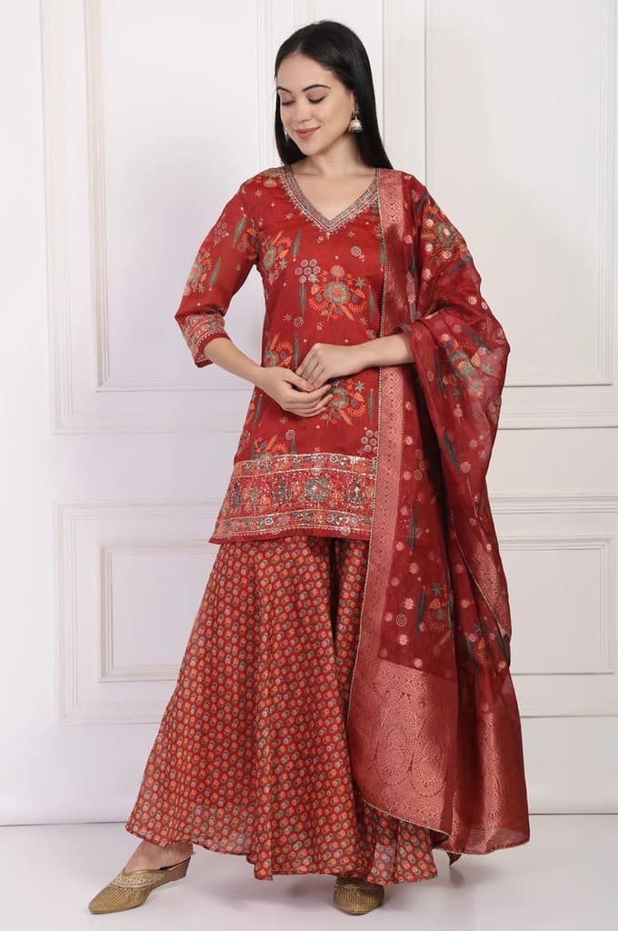 Red Embroidered Straight Jacquard Kurta with Sharara and Dupatta Set — photo 2