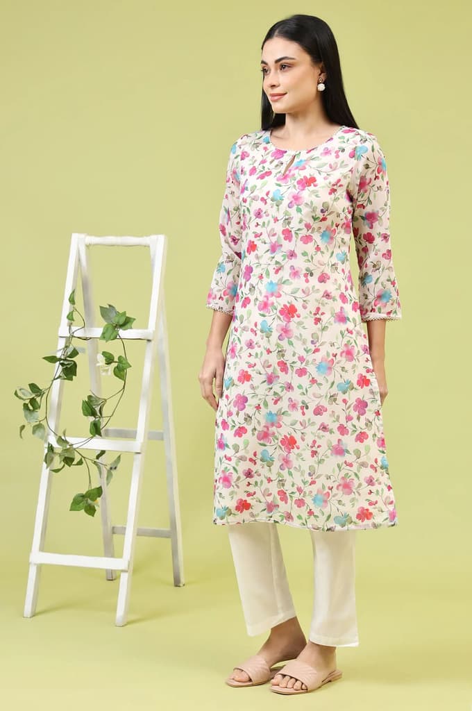 Off-White Straight Kurta in Multi-coloured Floral Print — photo 5
