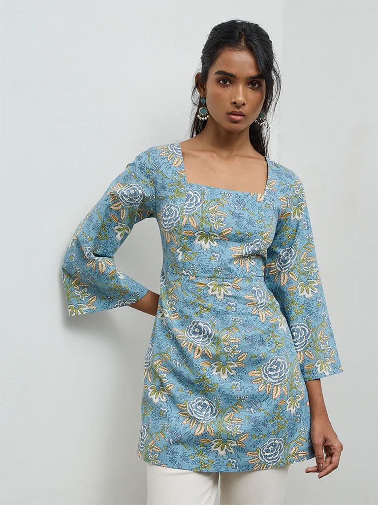 Utsa Blue Foliage Pattern Cotton Tunic — photo 2