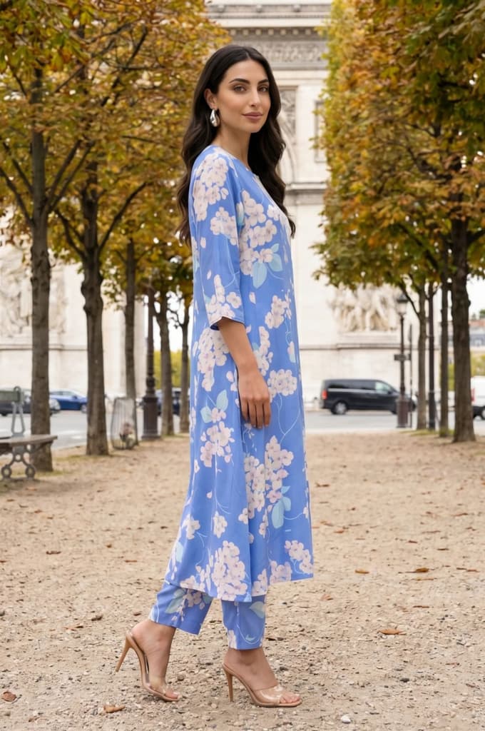 Blue Floral Printed Cotton Flax Flared Kurta — photo 6