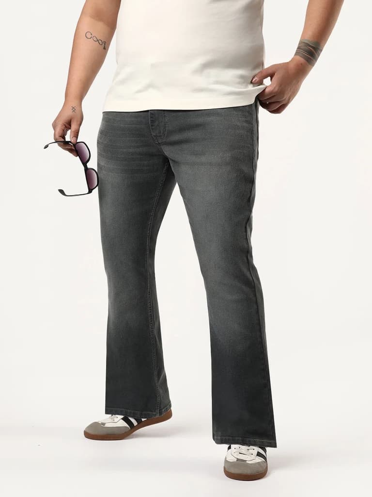 Plus Men's Grey Bootcut Fit Mid Rise Heavy Washed Jeans Stretchable — 36 / Grey