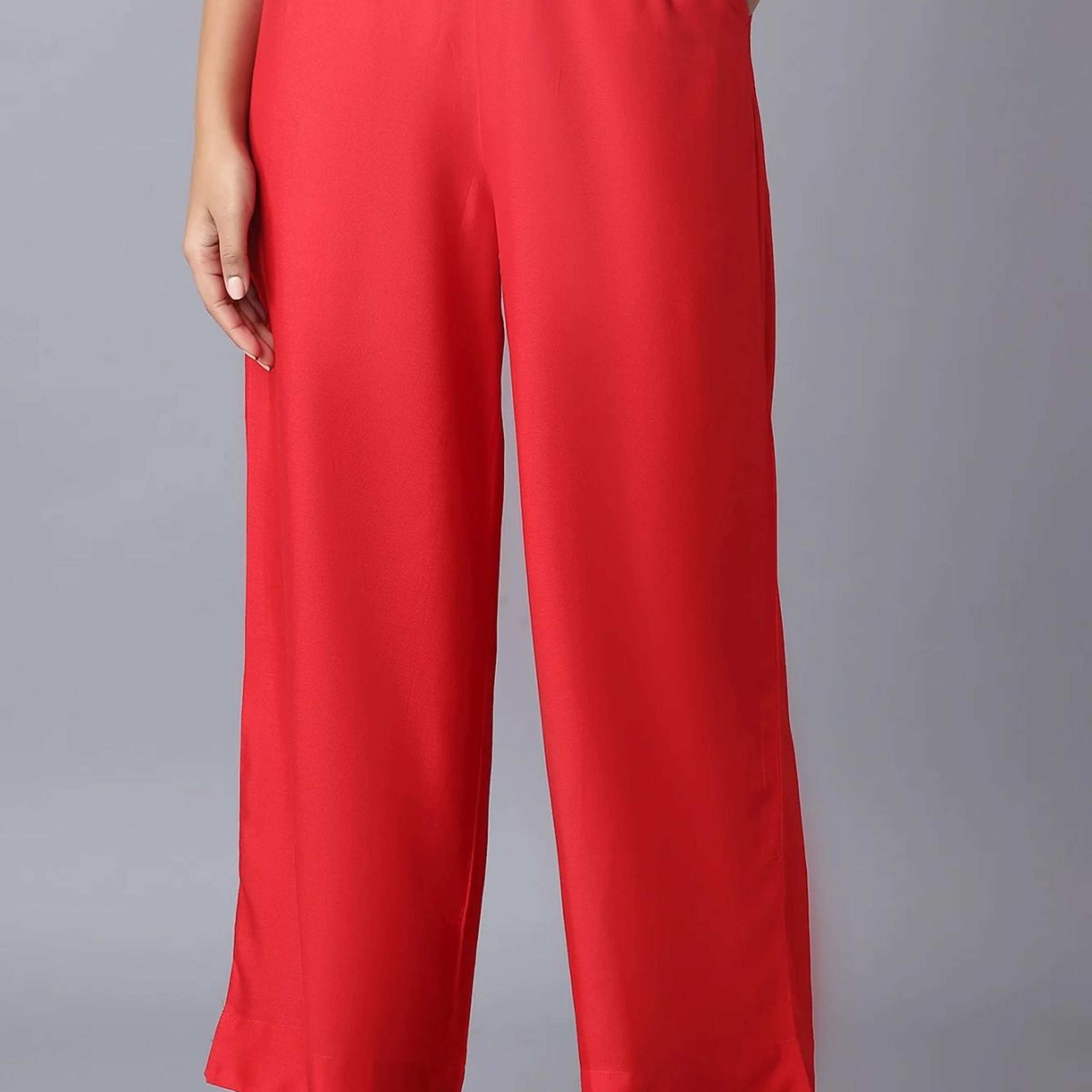 Red Solid Straight Fit Tencel Pants With Elasticated Waist