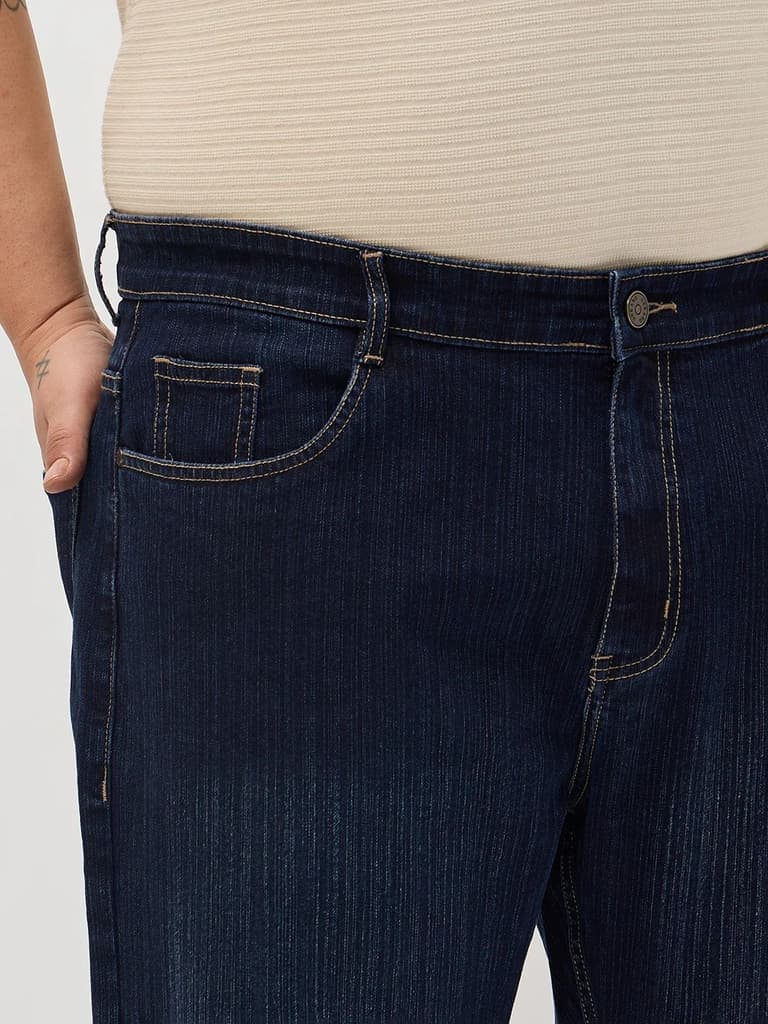Plus Men's Dark Blue Straight Fit Washed Denim Jeans Stretchable — photo 5